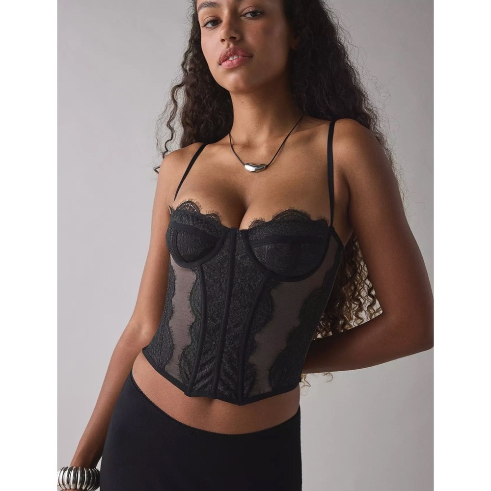 Urban Outfitters Out From Under Modern Love Corset Black Brown Lace Mesh M